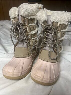 Kids Pink and Beige Winter Snow Boots with Faux-Fur Collar